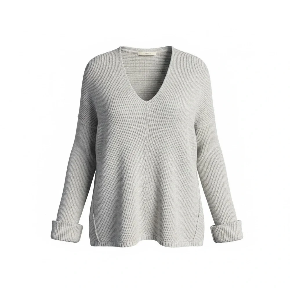 Free People Women's La Brea Chunky Knit V-Neck Ribbed Gray Sweater - Size Medium